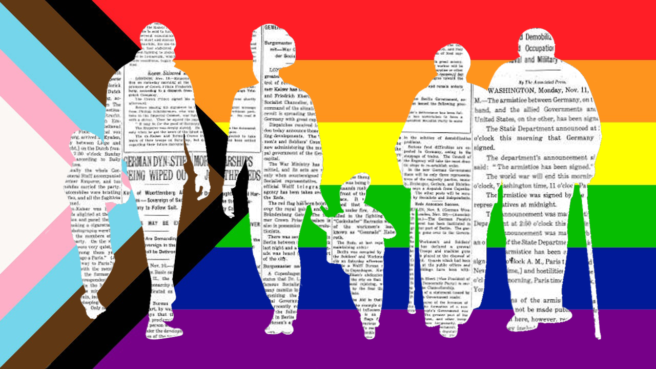 graphic image of people in silouhette against a contemporary (progressive) LGBTQ Pride flag image